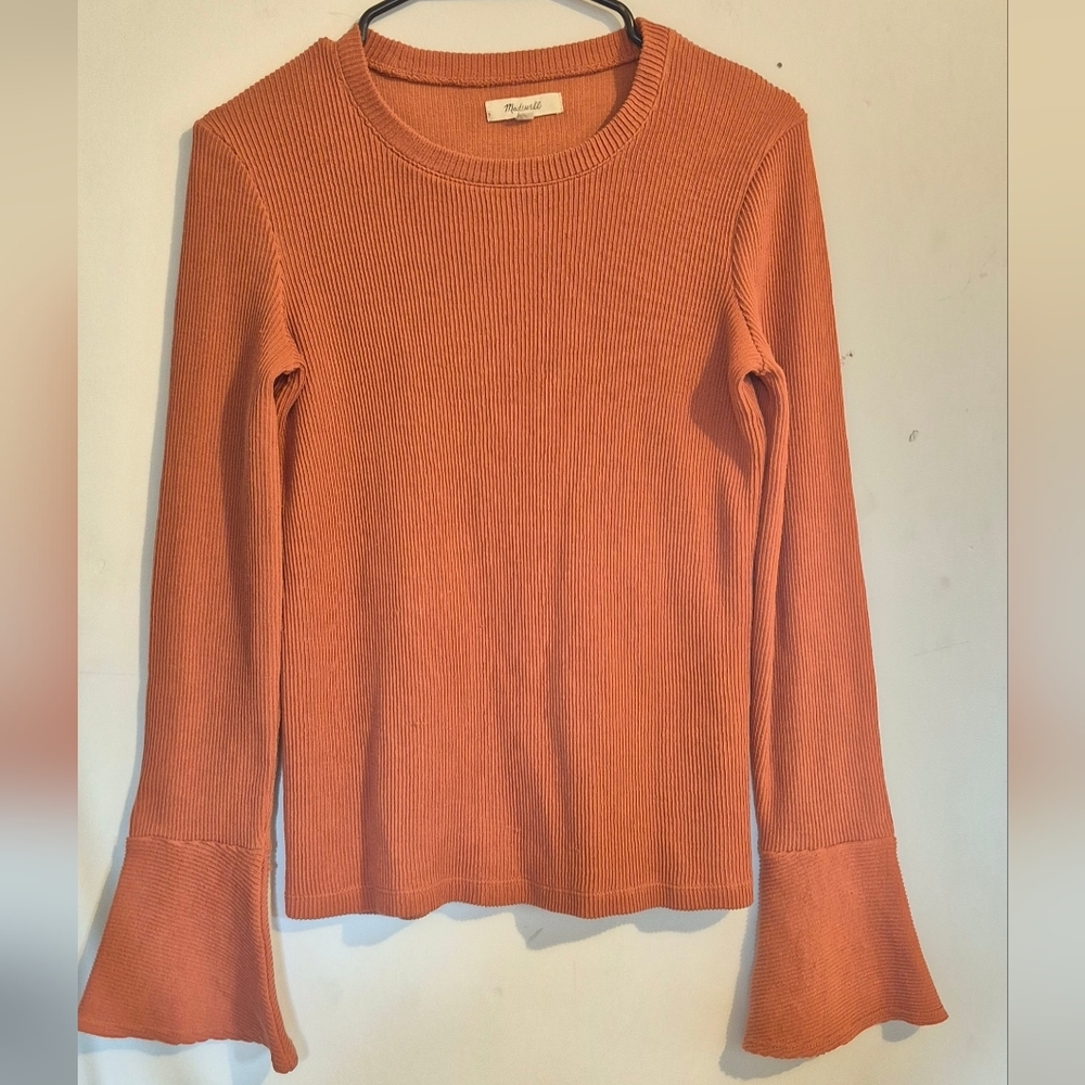 Madewell Coral Ribbed Flare Sleeve Blouse